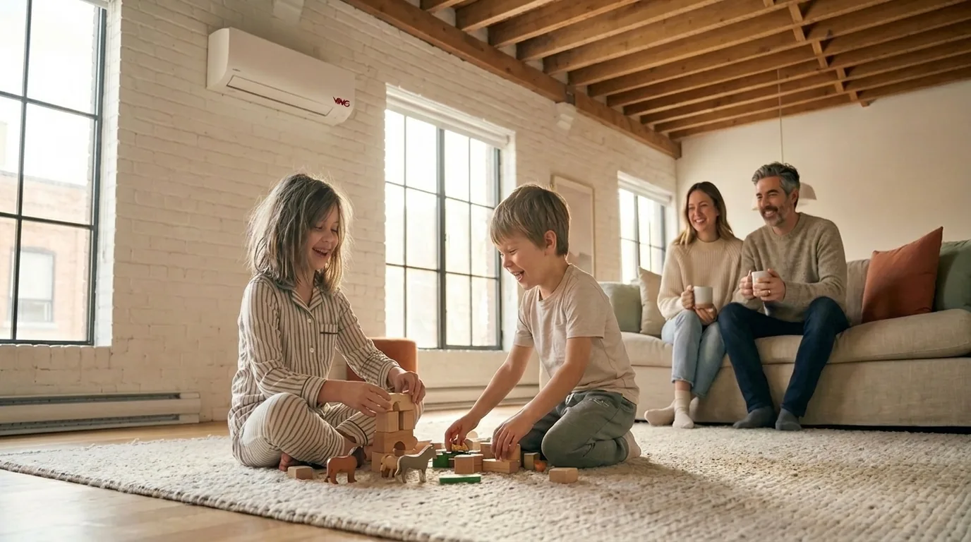 Famille respirant un air purifié grâce à un Purificateur d'air VINOTECH